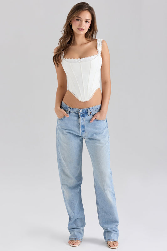 White Stretch Cotton Scallop Trim Corset Top