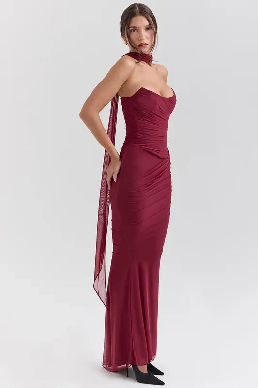 Draped Mesh Corset Dress With Detached Long Scarf