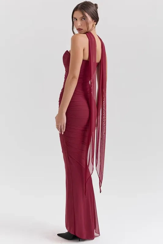 Draped Mesh Corset Dress With Detached Long Scarf