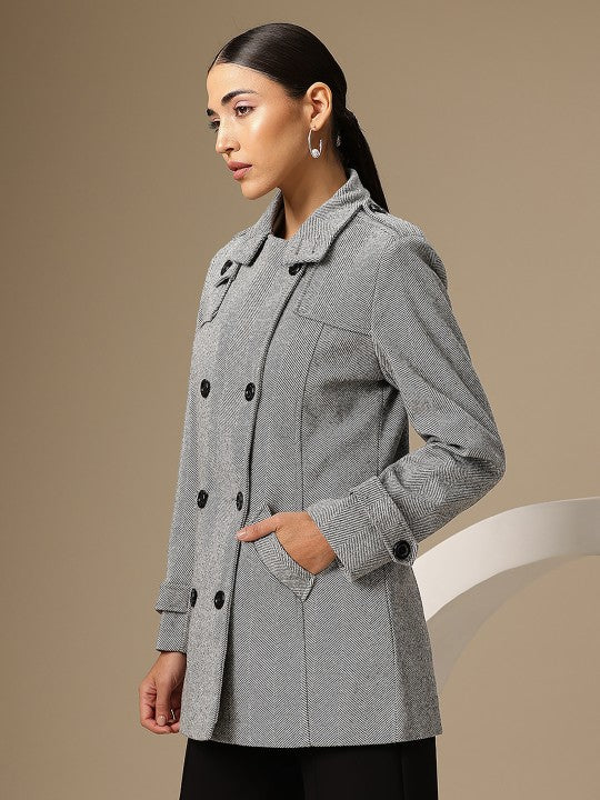 Woven-Design Double-Breasted Pea Coat