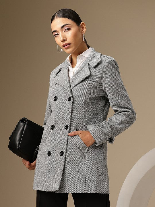 Woven-Design Double-Breasted Pea Coat