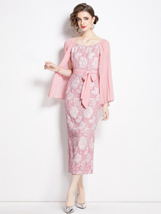 Floral Printed Flared Sleeve A-Line Midi Dress