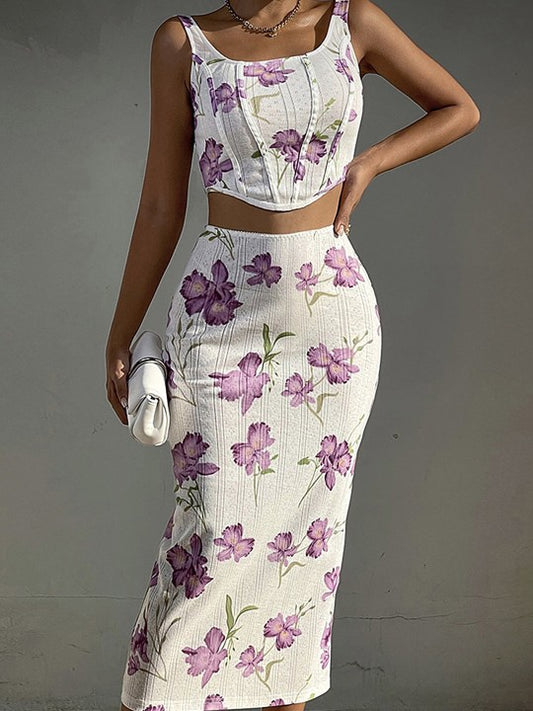 Floral Printed Corset Crop Top & Pencil Skirt