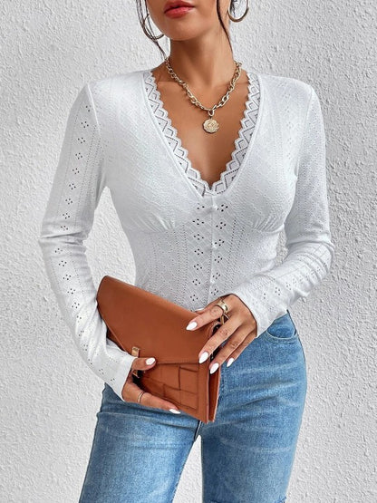 V-Neck Long Sleeves Fitted Top In White