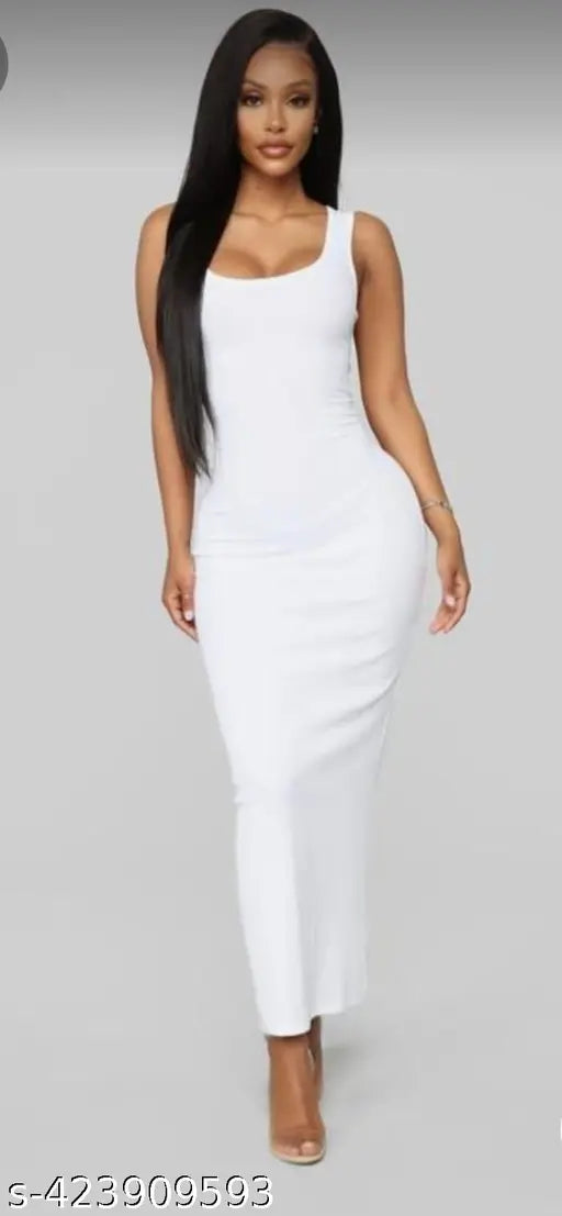 Maria White Square Neck High Waist Rib Knit Tank Long Dress