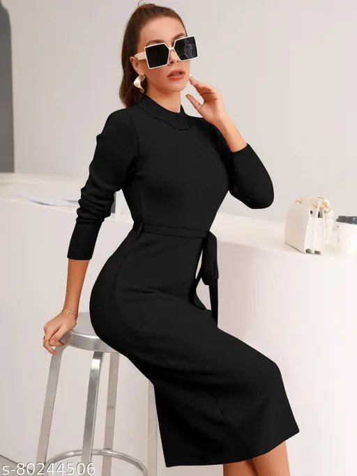 Full Sleeves Round Neck Stretchable Knee Length One Piece