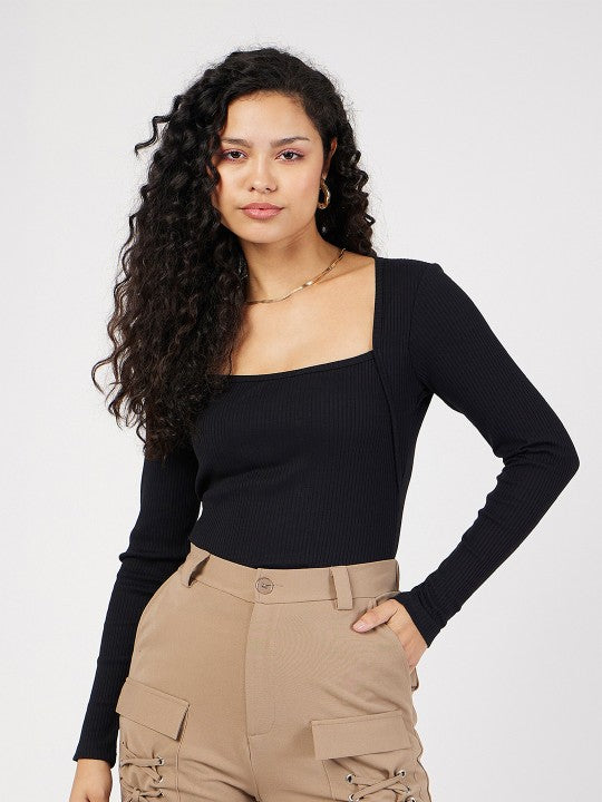 Black Ribbed Square Neck Fitted Top