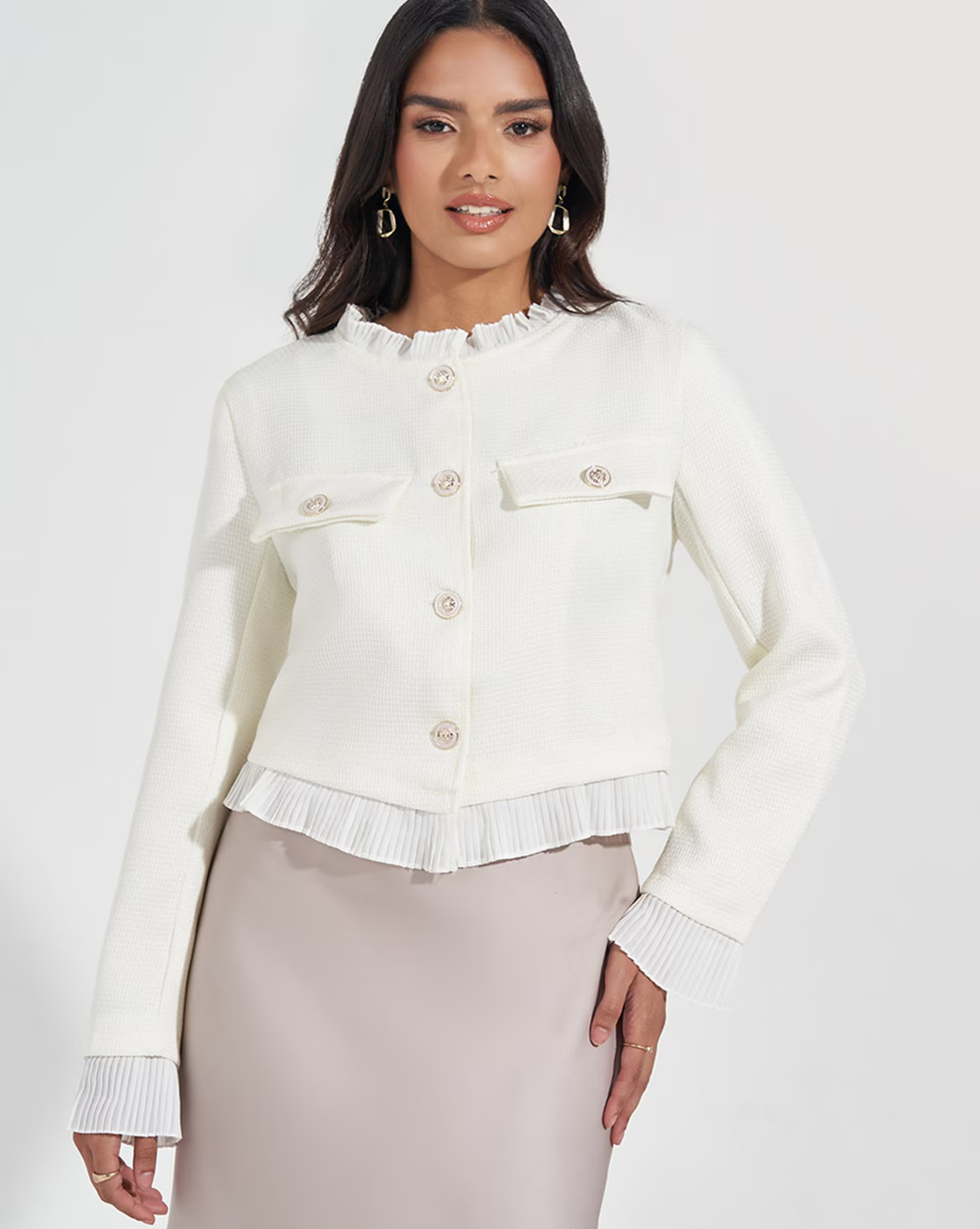 White Regular Fit Short Length Jacket With Hem Detail