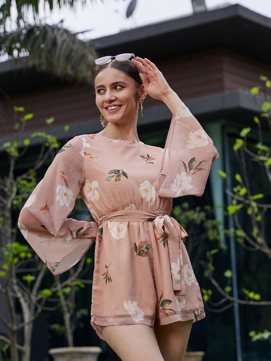 Boat Neck Long Sleeves Playsuit with Belt