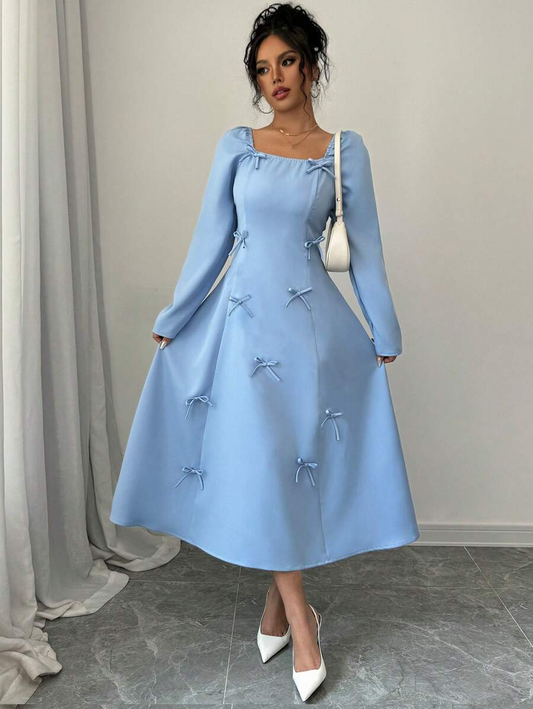Blue Square Neck Long Sleeve Bowknot Dress