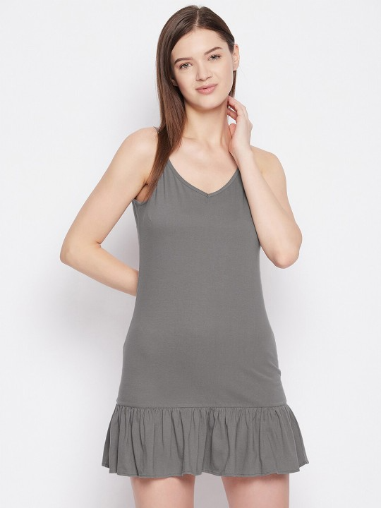 Grey Solid Cotton Nightgown