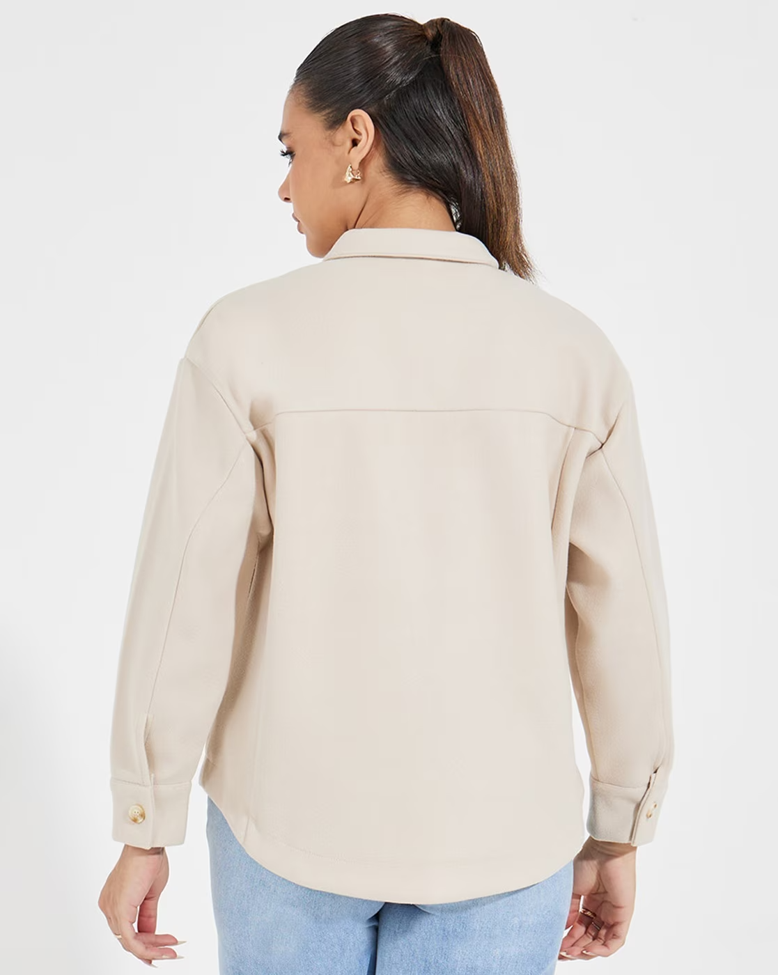 Oversized Fit Spread-Collar Beige Jacket