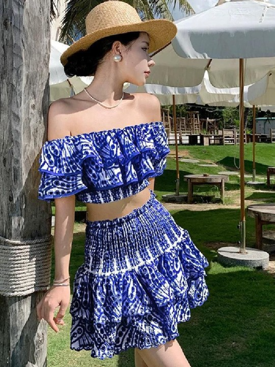 Blue Printed Off Shoulder Top & Skirt