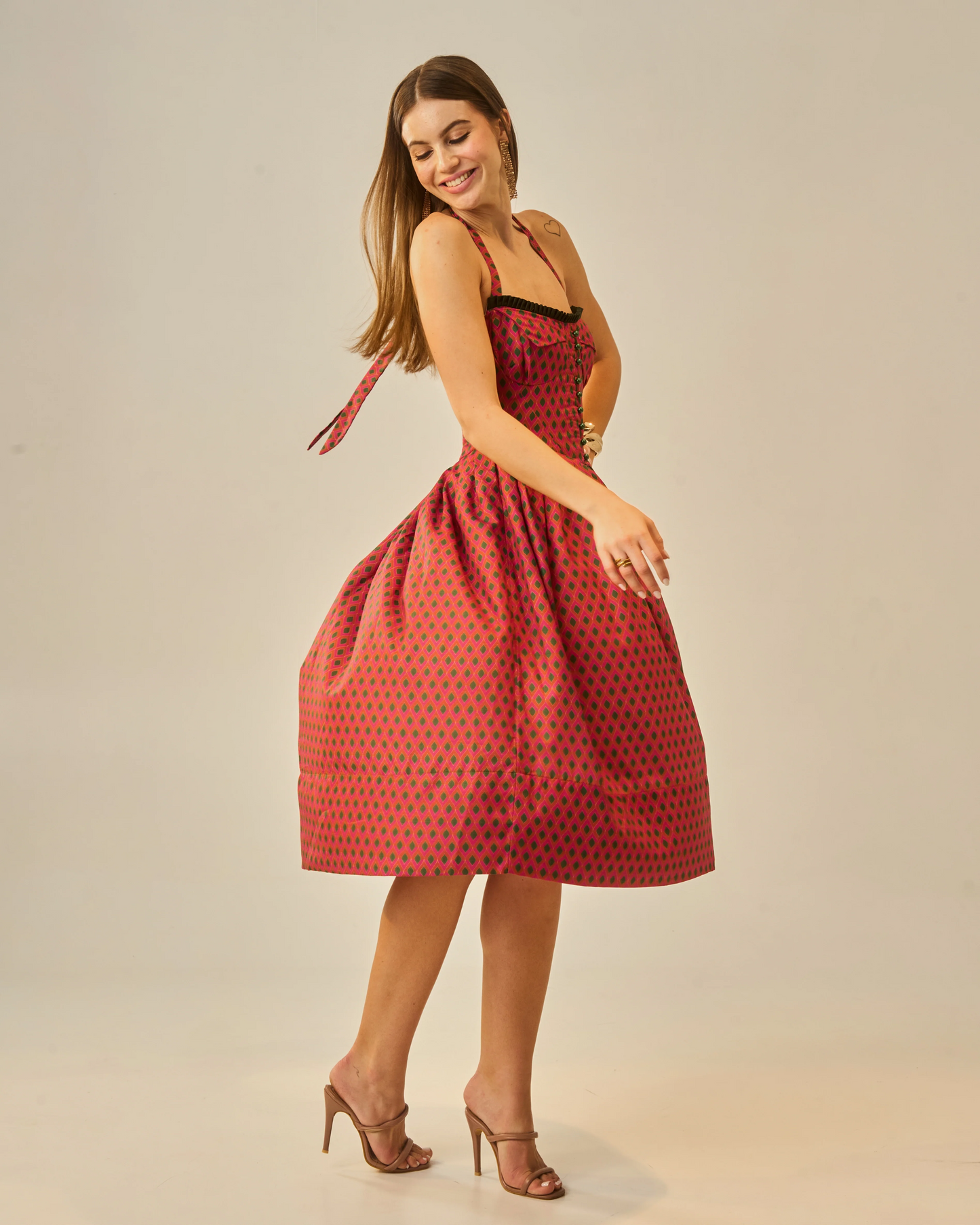 Moon Tie-Around Neck Strap Dress In Red