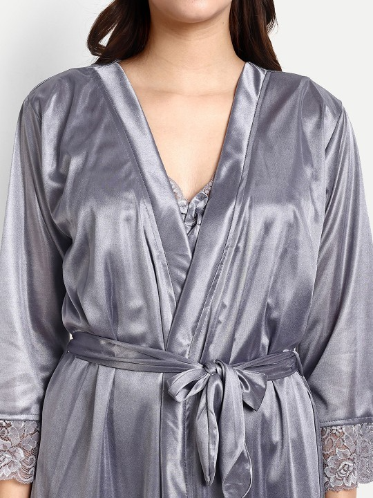 Grey Satin Nightdress With Long Robe