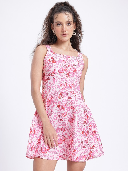 Pink Smocked Abstract Fit & Flare Dress