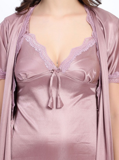 Queen Pink Satin Nightdress With Robe