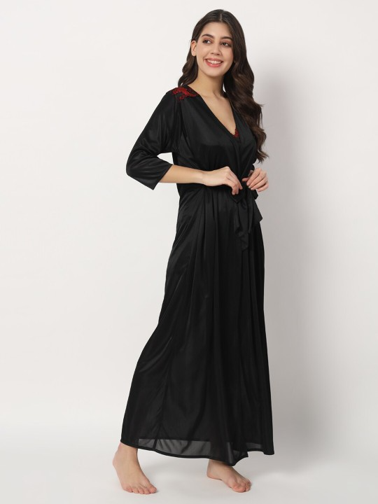 Black Satin Nightdress With Robe