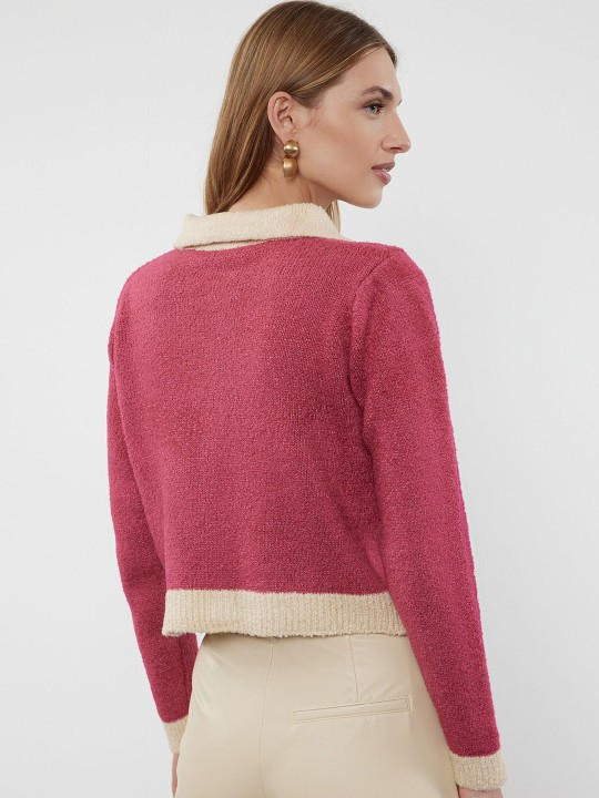 Rumba Red Off-White Collar Cardigan