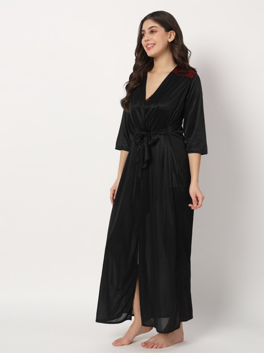 Black Satin Nightdress With Robe