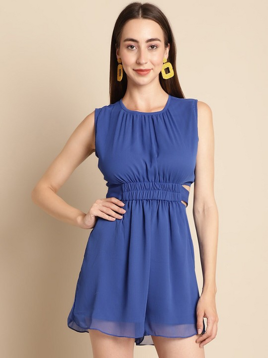 Round Neck Gathered Waist Playsuit