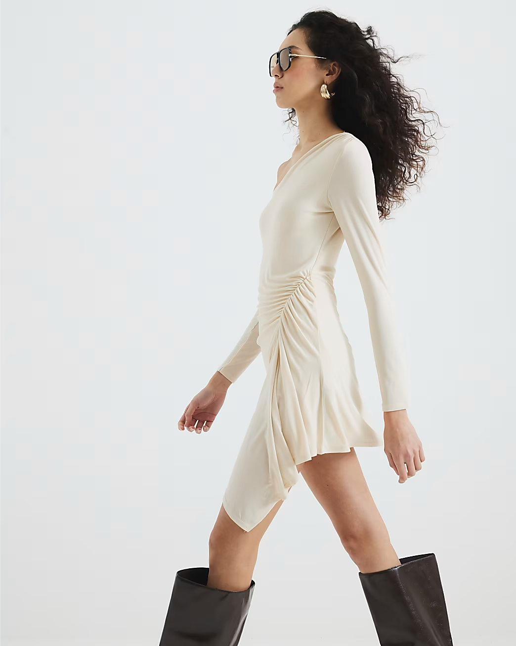 Cream Ruched Hanky Hem Mini Dress