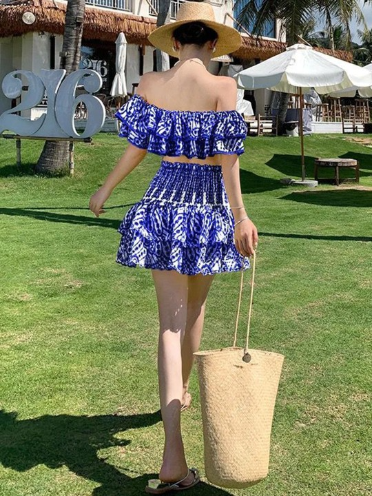 Blue Printed Off Shoulder Top & Skirt