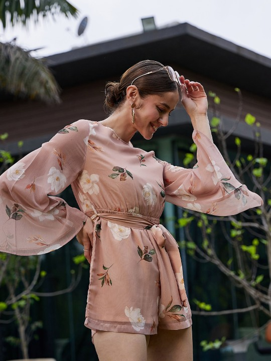 Boat Neck Long Sleeves Playsuit with Belt