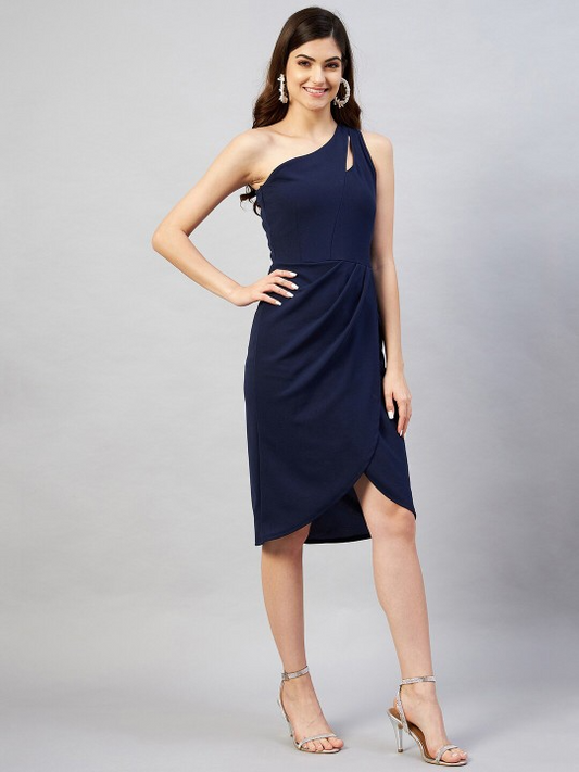 Navy Blue Solid One Shoulder Tulip Hem Dress