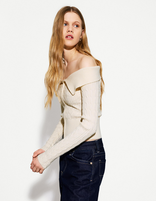 Cable-Knit Bardot Cardigan With Zip