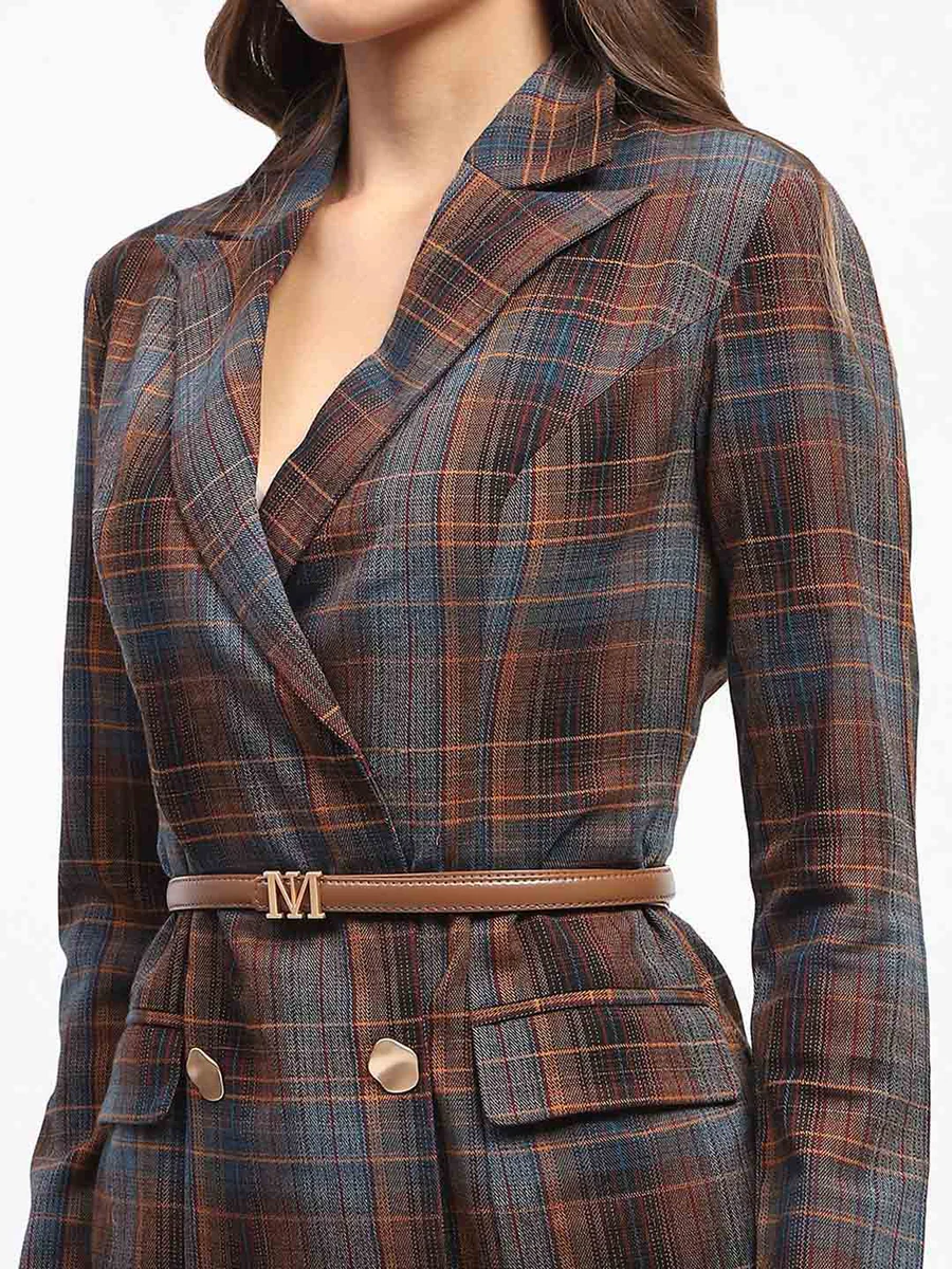 Plaid Pattern Belted Mini Blazer Dress