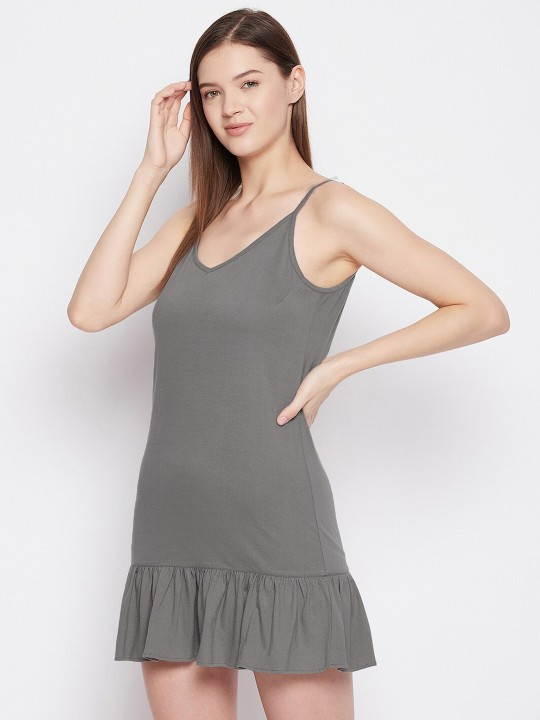 Grey Solid Cotton Nightgown