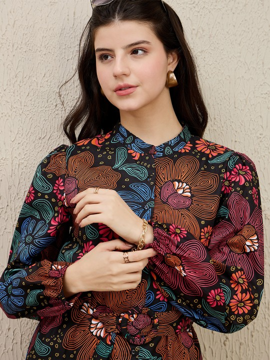 Puff Sleeves Cotton Shirt Dress