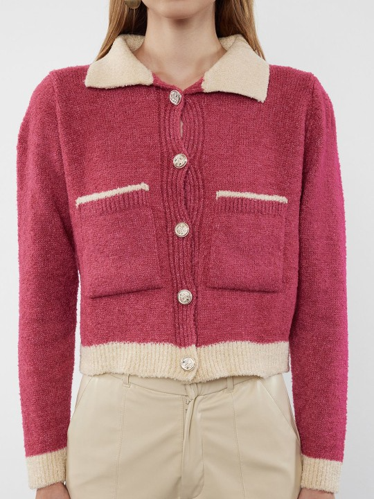 Rumba Red Off-White Collar Cardigan