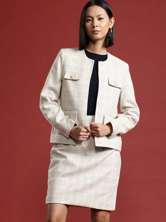 Checked Front-Open Blazer & Skirt Set