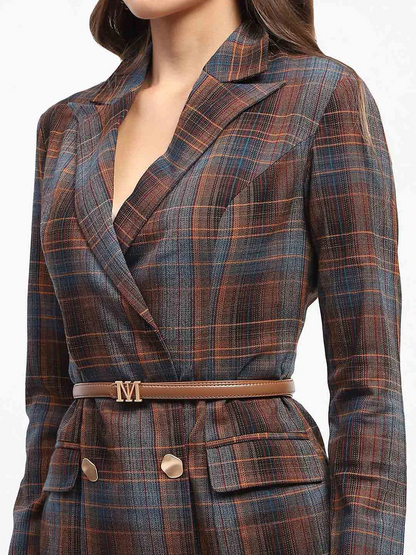 Plaid Pattern Belted Mini Blazer Dress With Belt