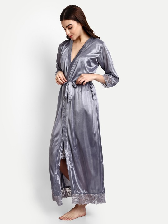 Grey Satin Nightdress With Long Robe