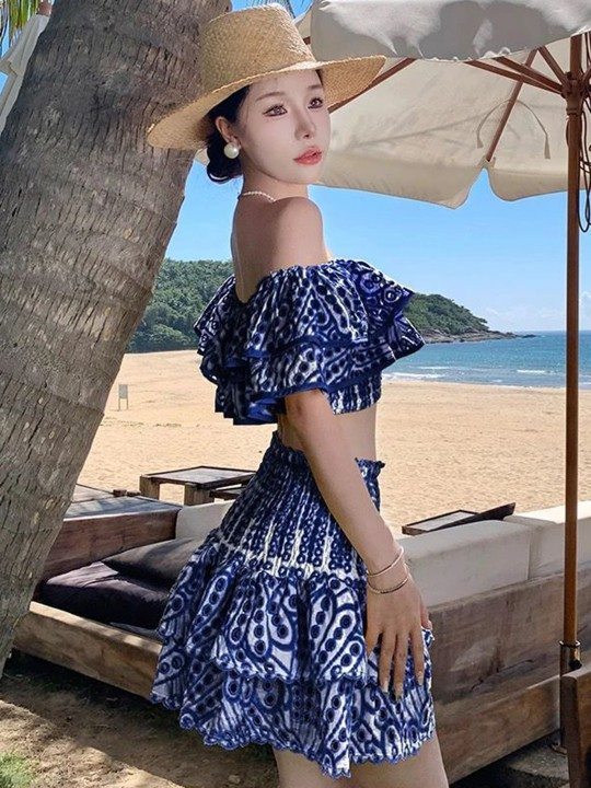 Blue Printed Off Shoulder Top & Skirt