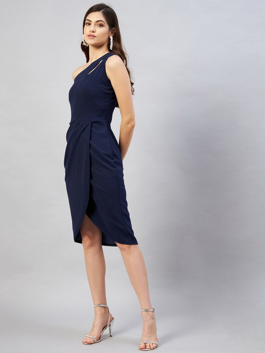 Navy Blue Solid One Shoulder Tulip Hem Dress