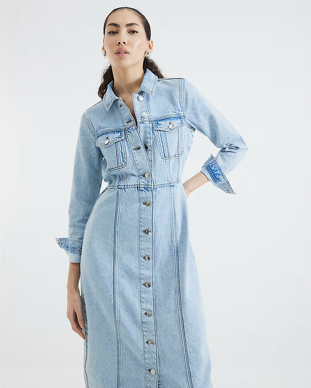 Denim Long Sleeve Midi Shirt Dress