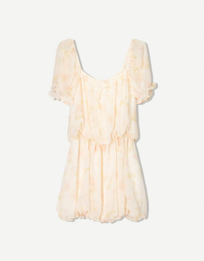 Printed Tan Puffed Dress