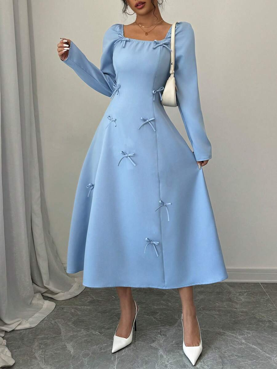 Blue Square Neck Long Sleeve Bowknot Dress