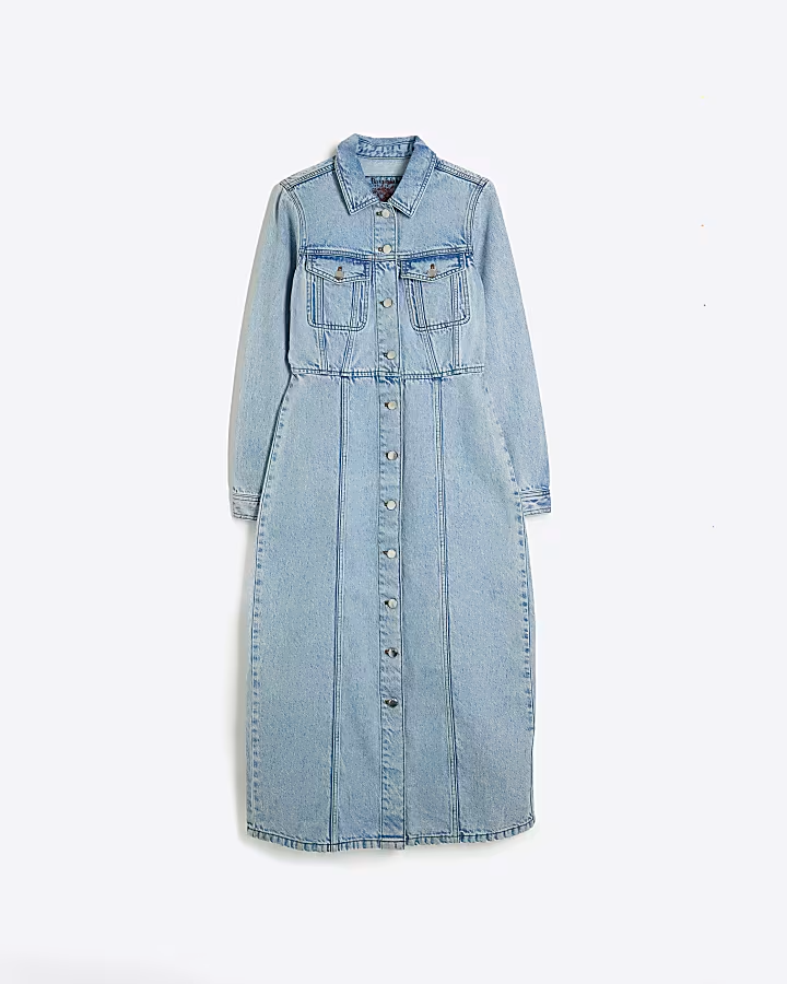 Denim Long Sleeve Midi Shirt Dress