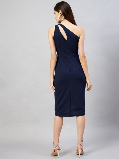Navy Blue Solid One Shoulder Tulip Hem Dress