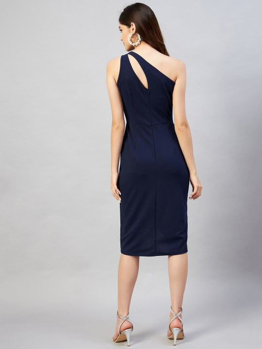 Navy Blue Solid One Shoulder Tulip Hem Dress