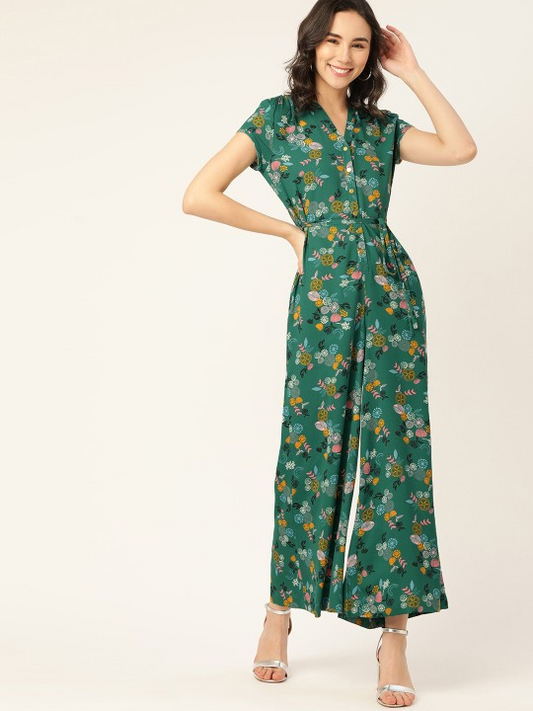Green Printed Basic Jumpsuit with Belt