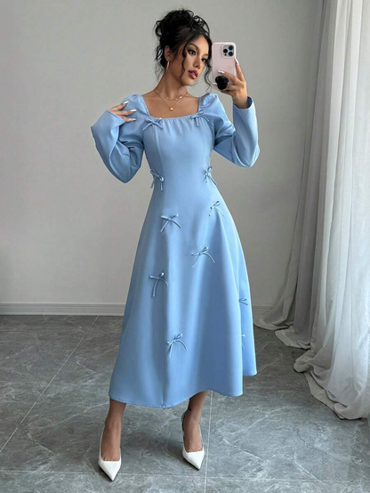 Blue Square Neck Long Sleeve Bowknot Dress