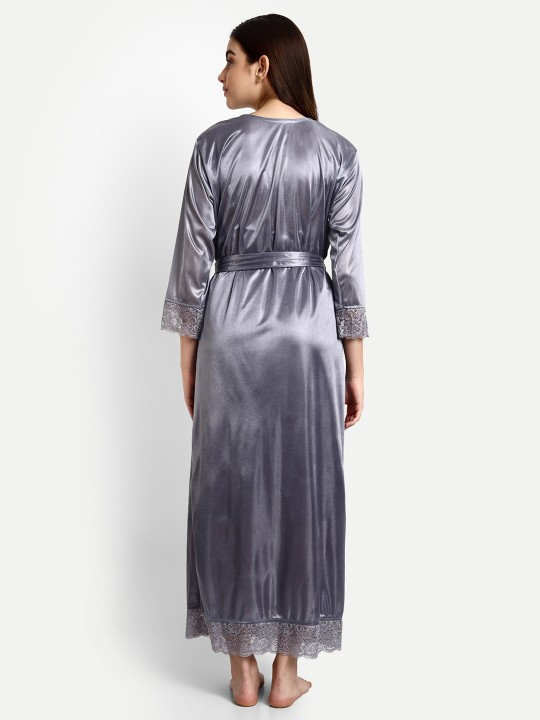 Grey Satin Nightdress With Long Robe