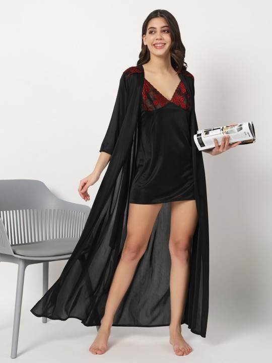 Black Satin Nightdress With Robe