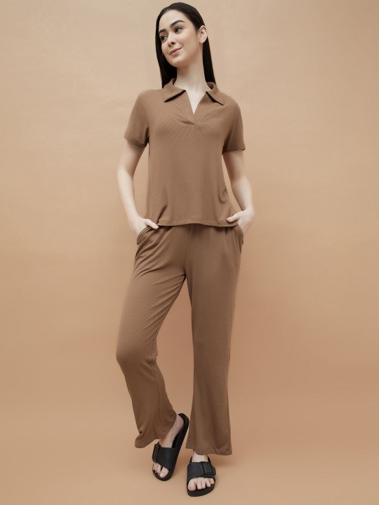 Beige Plain Pyjamas Set